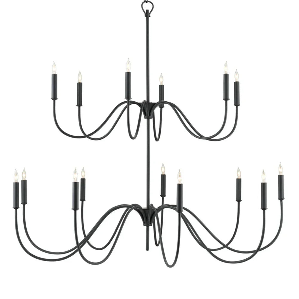 Black two-tier wrought iron candle-style chandelier with 14 lights in farmhouse style.