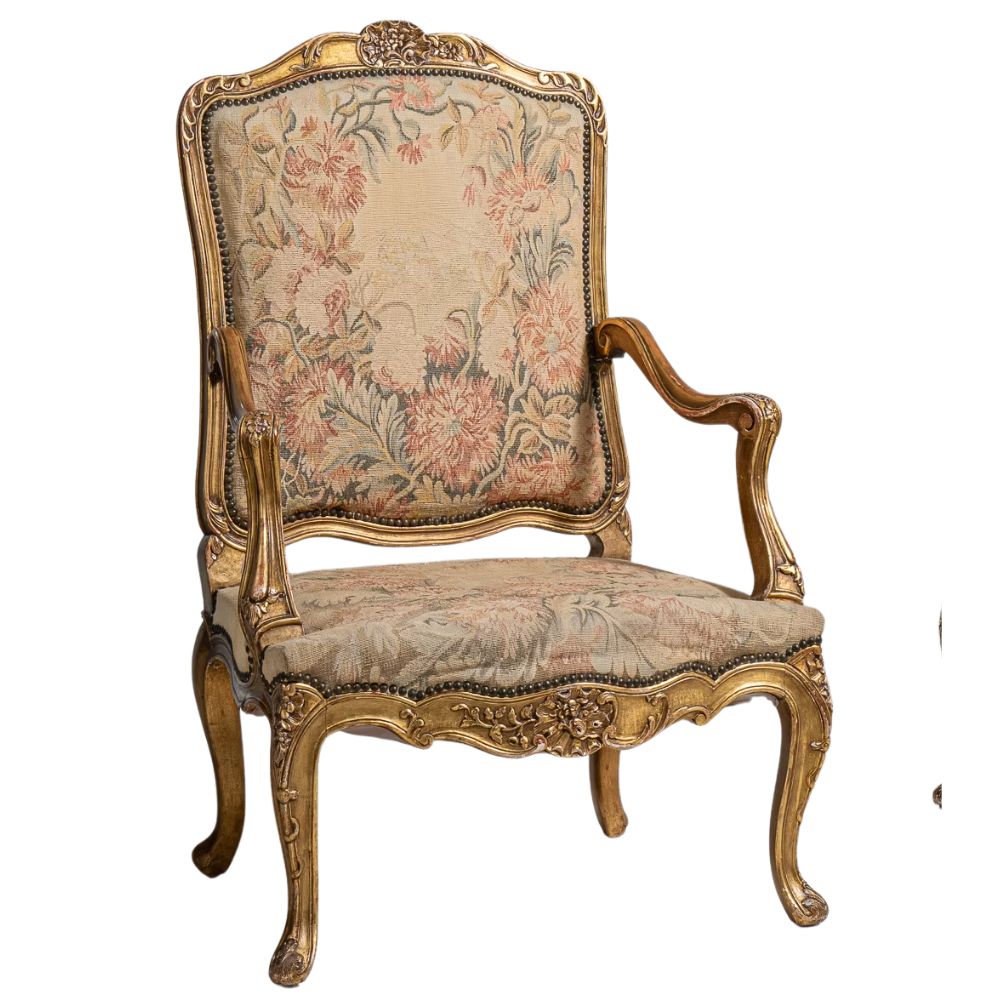 Antique French Louis XV Giltwood Tapestry Armchair, Pair