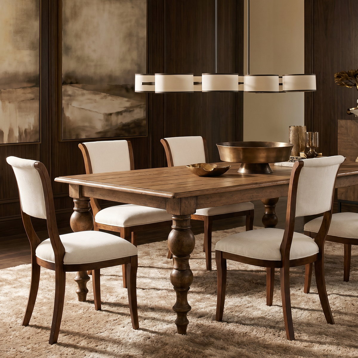 Antiqued Walnut Curved Leg Dining Chairs - Pair