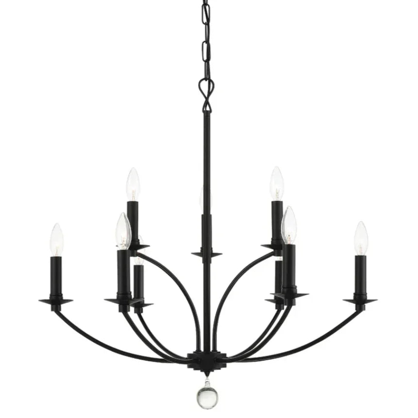 Black farmhouse chandelier with candle-style bulbs and crystal accent