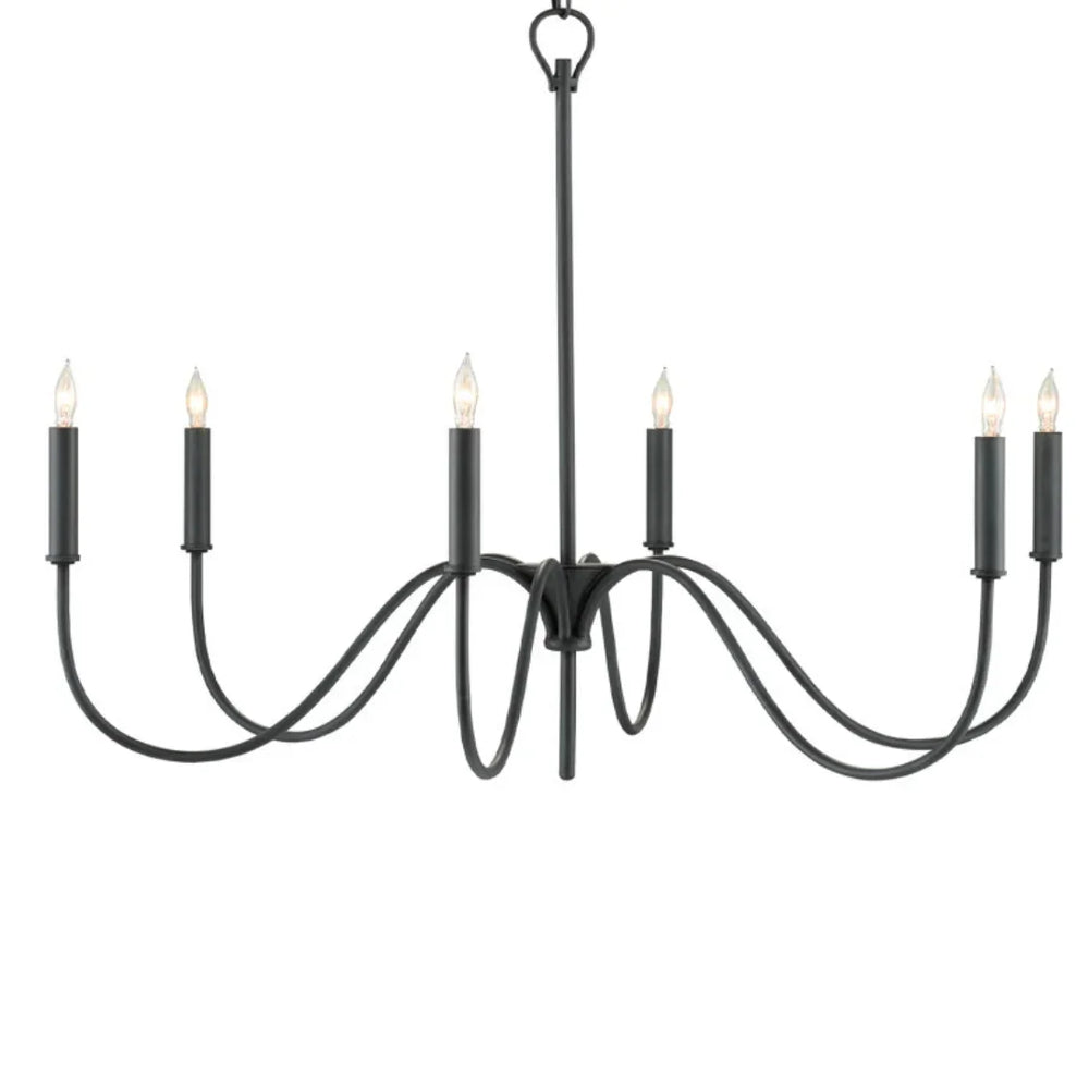 Black wrought iron chandelier with six candle-style lights, farmhouse or French country decor