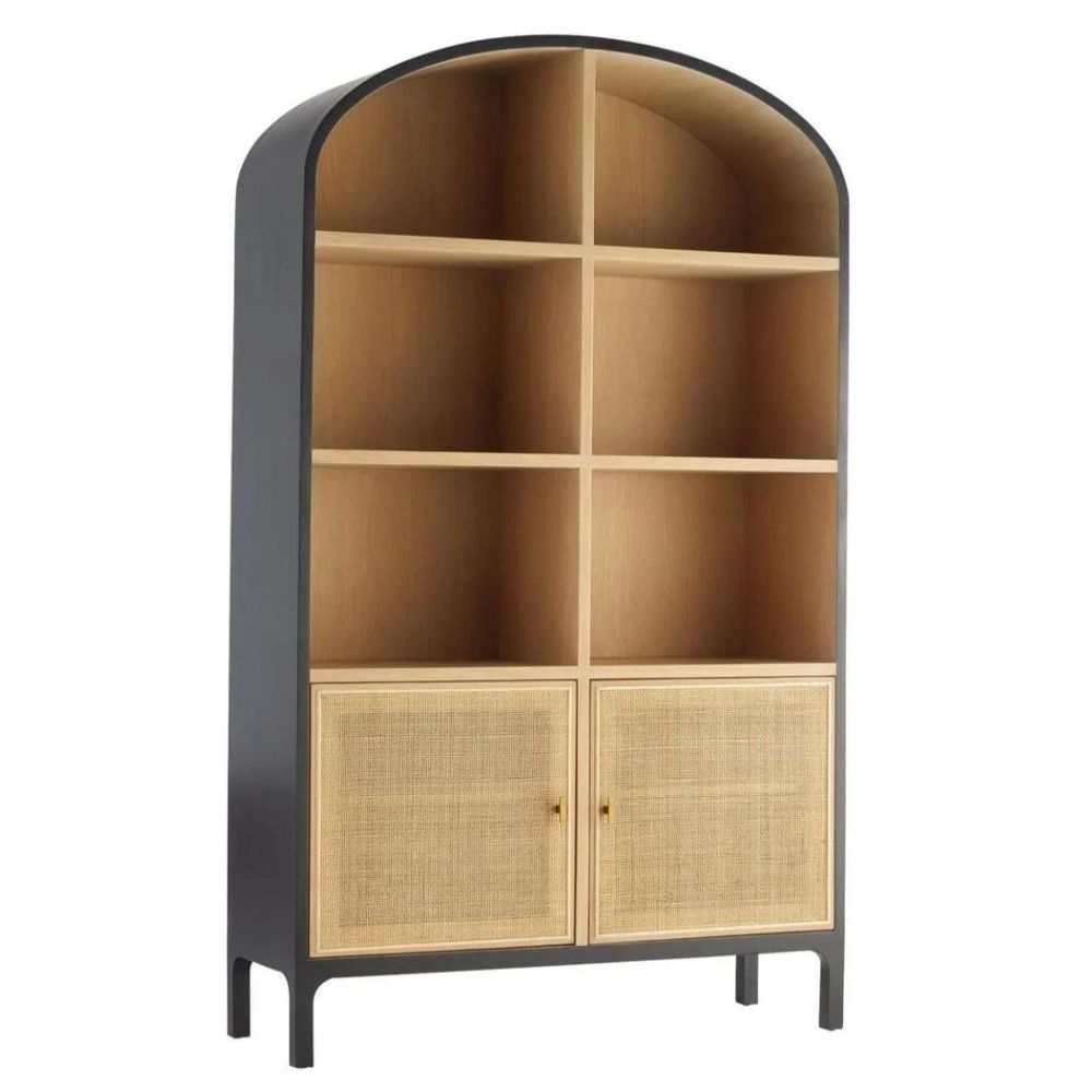 Arched bookcase with cane doors, natural wood shelves, black frame — farmhouse, boho, coastal style storage