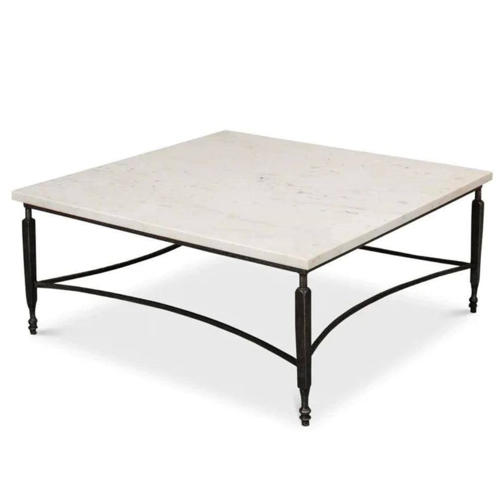 Square marble top coffee table with black iron legs, French country style