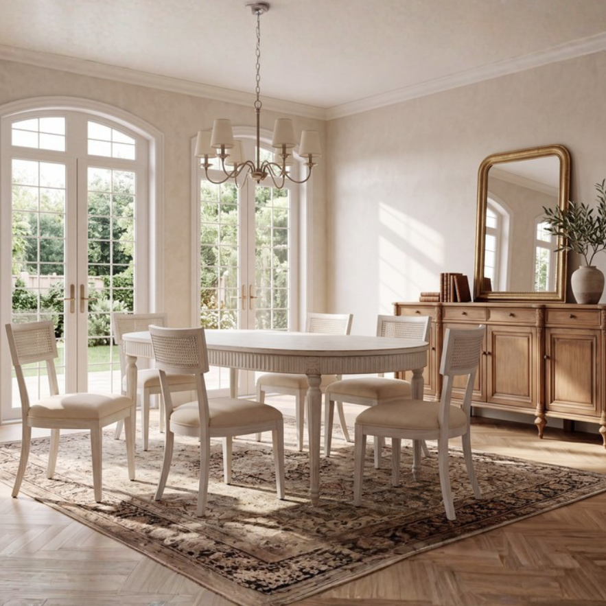 A classic dining room set featuring a round white table and six matching cream-colored chairs, arranged on a patterned area rug in a sunlit room with herringbone wood floors.
