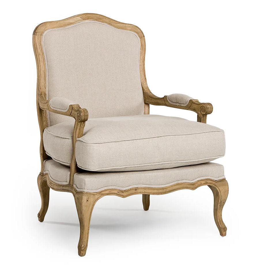 French country armchair with distressed wood frame and beige upholstery, shabby chic style