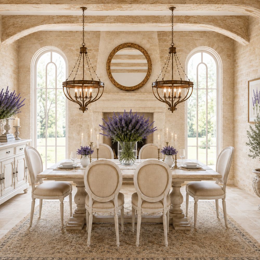 White French Country Dining Room with Lavender