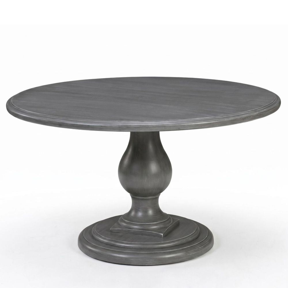 A round dining table with a distressed gray wood finish, featuring a turned pedestal base and a subtle beaded rim detail on the tabletop, shown against a plain white background.