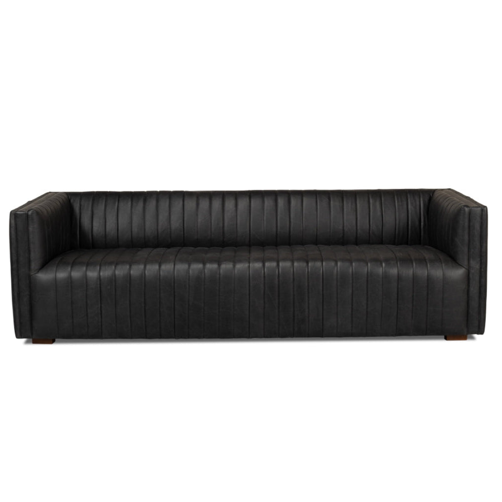 Black Channel Tufted Leather Tuxedo Sofa