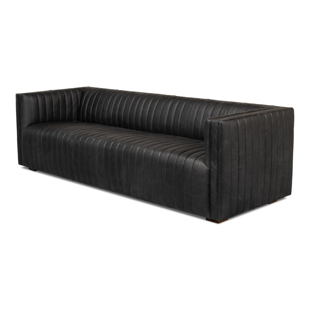 Black Channel Tufted Leather Tuxedo Sofa