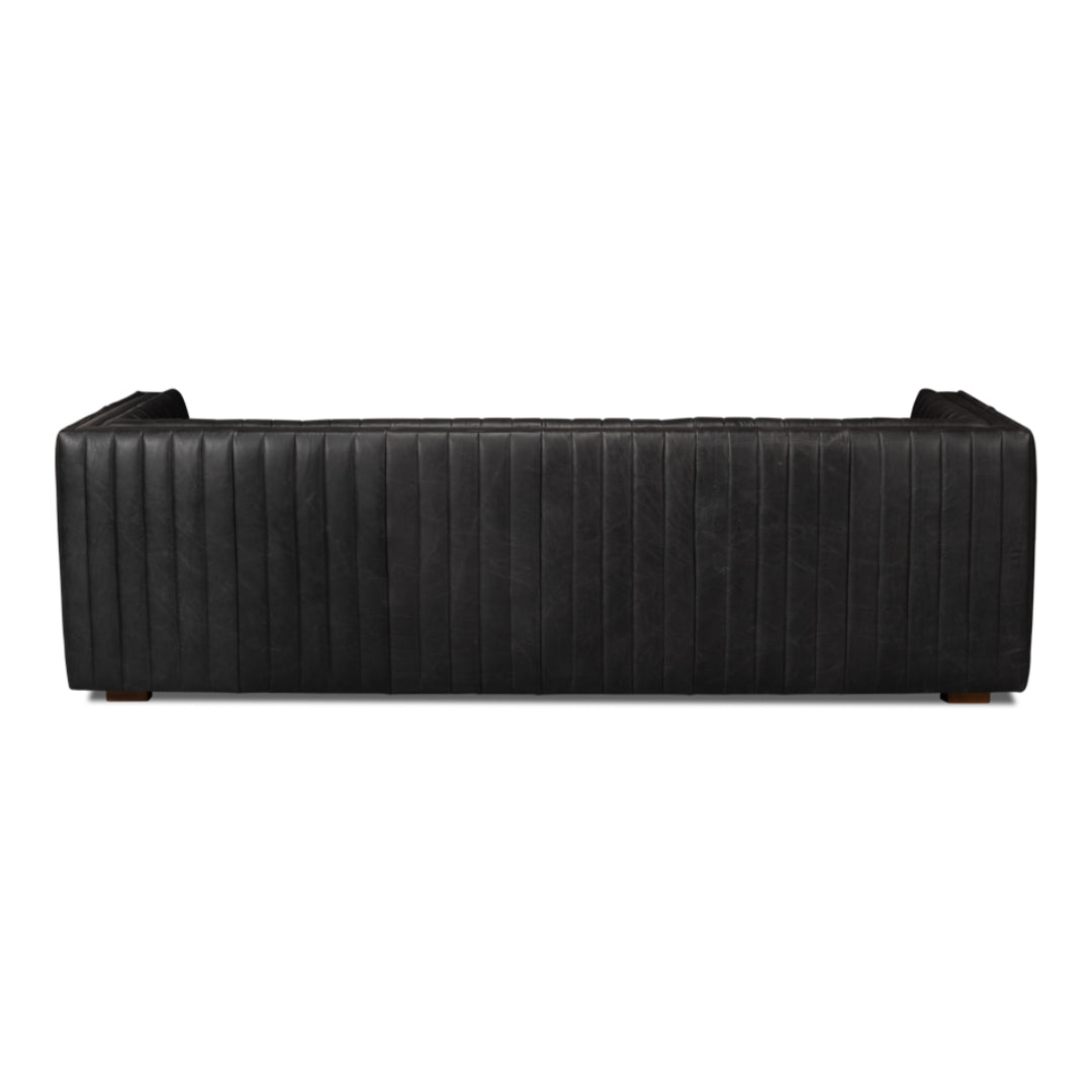 Black Channel Tufted Leather Tuxedo Sofa