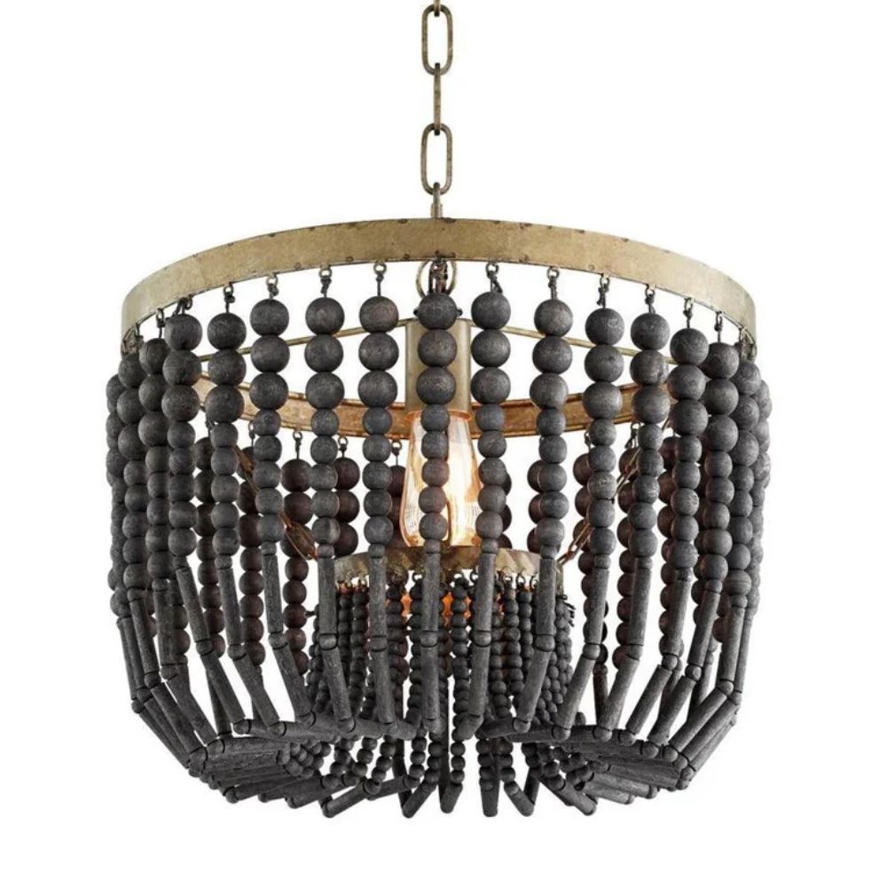 Rustic wooden bead chandelier with dark finish, perfect for farmhouse or boho decor