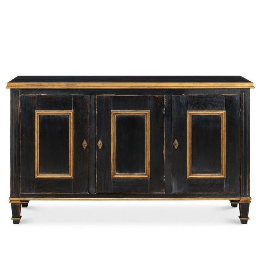 Black and gold French country sideboard with distressed finish and antique hardware