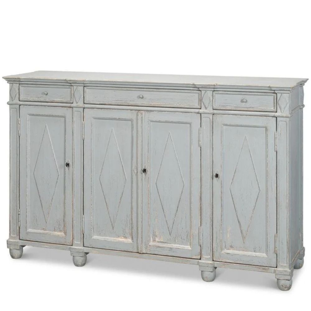 Distressed gray French country sideboard with diamond panel doors and three drawers