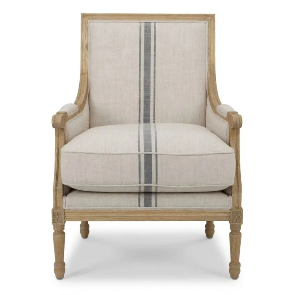 French Louis Blue Striped Natural Armchair