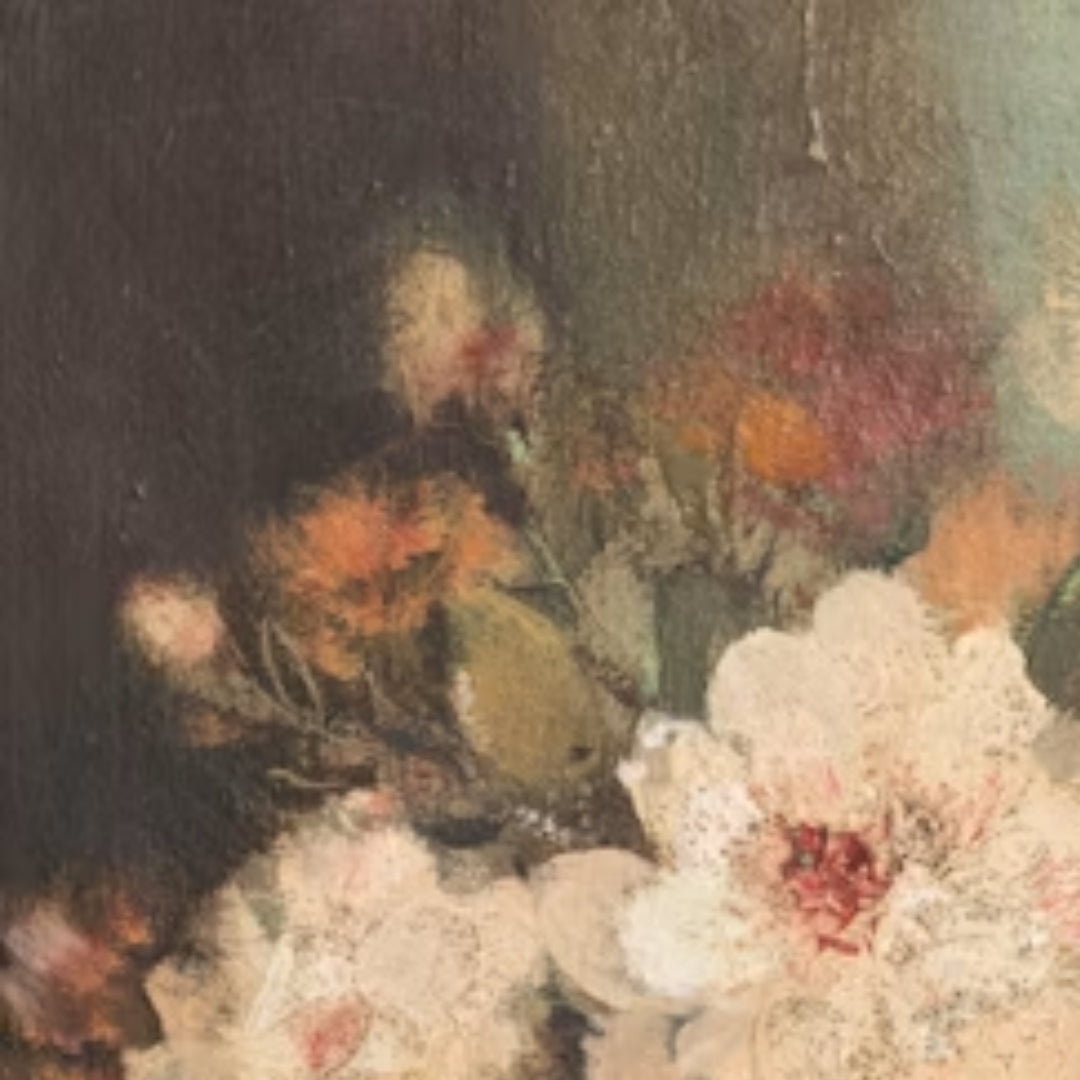 Blush Peonies in Blue Ceramic Vase Oil Painting, Circa 1954