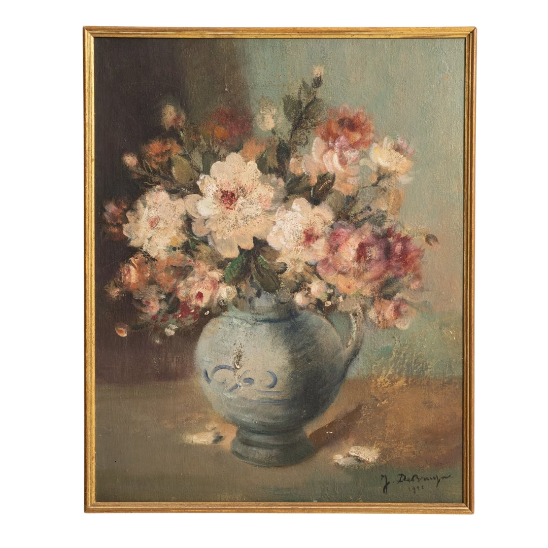 Blush Peonies in Blue Ceramic Vase Oil Painting, Circa 1954
