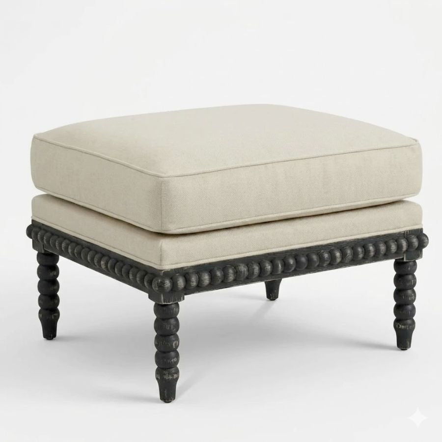 Bobbin Wood and Linen Ottoman