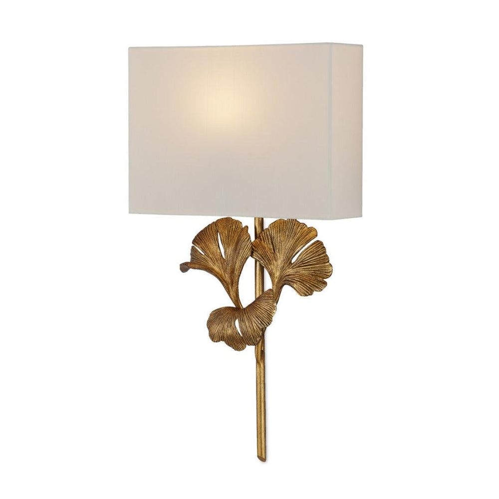 Golden ginkgo leaf wall sconce with cream shade, elegant natural boho lighting
