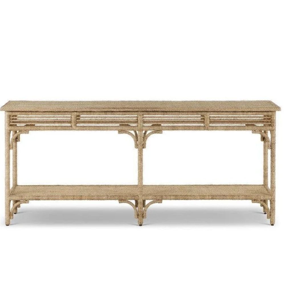 Natural boho rattan console table with lower shelf, coastal farmhouse style entryway furniture