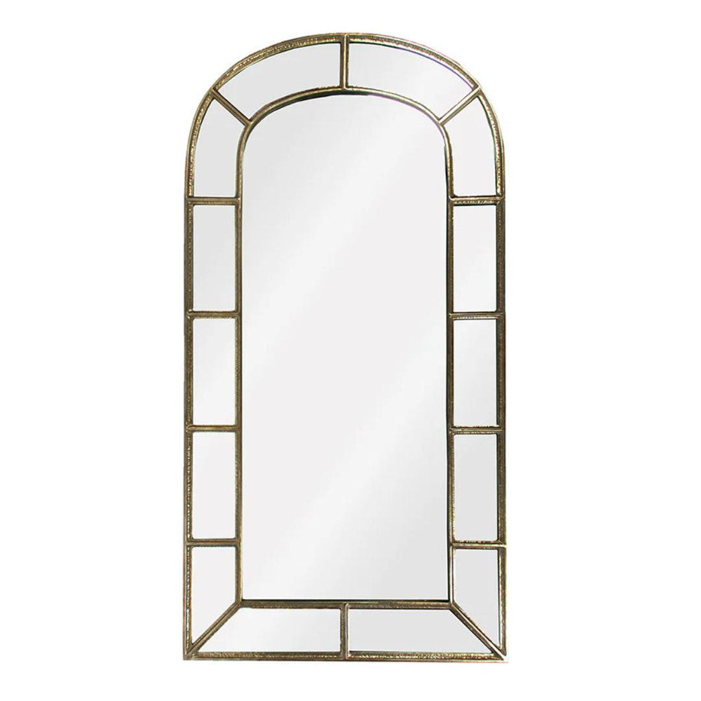 Arched gold-framed mirror with geometric panel design, perfect for French country or farmhouse decor