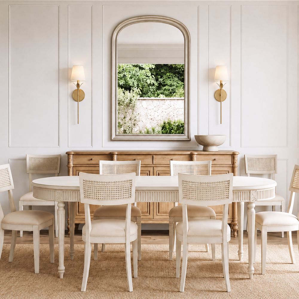 Breezy French country dining room with a white Louis-style oval dining table, white cane-back chairs, natural wood buffet, and gold floral sconces.