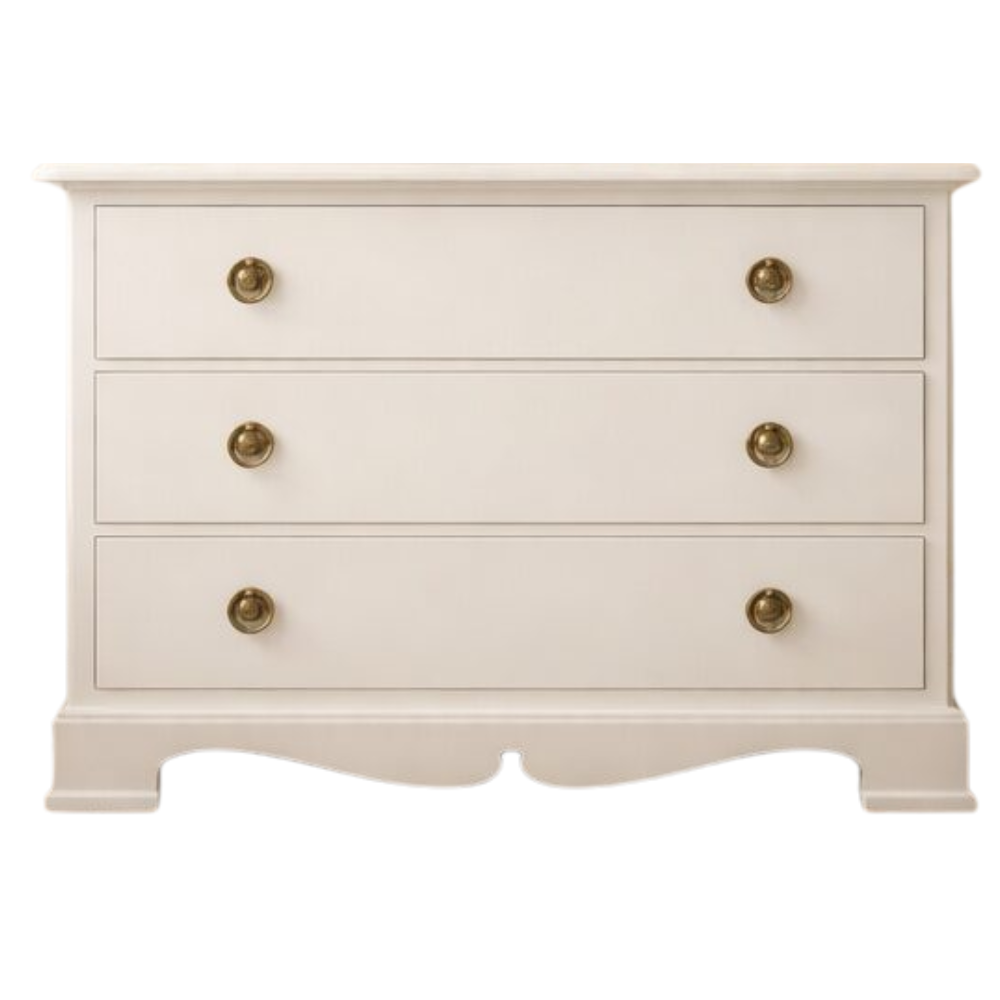 Ivory three-drawer chest with antique brass knobs, a curved base, and a classic elegant design.