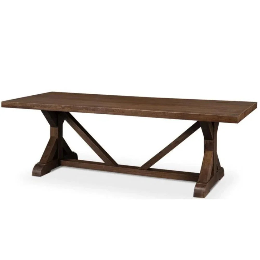 Rustic farmhouse dining table with X-base design, solid wood finish, perfect for country or shabby chic interiors