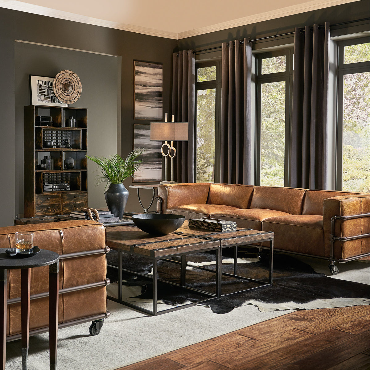 Brown Leather Industrial Iron Pipe Sofa