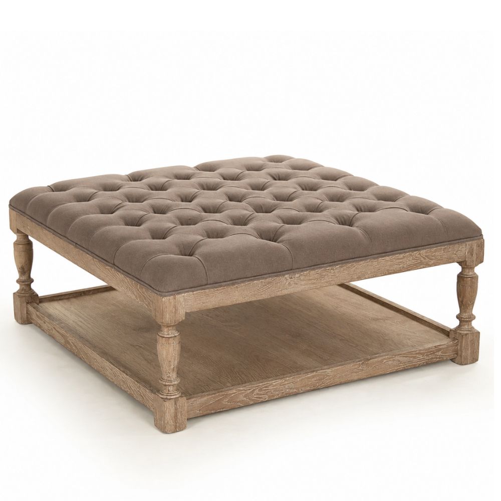 Brown Linen Oak Square Ottoman