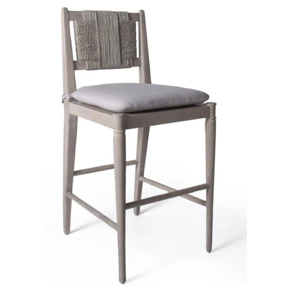 Gray wooden bar stool with cushioned seat and woven backrest, ideal for farmhouse or shabby chic decor