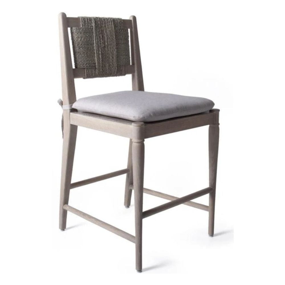 Gray upholstered bar stool with woven backrest, rustic farmhouse style