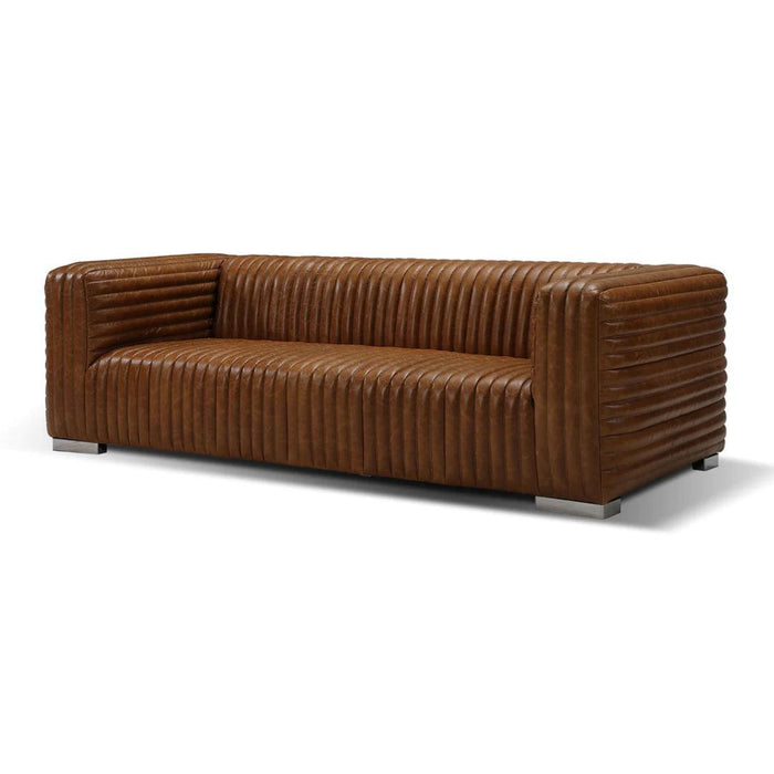 Ribbed Leather Canyon Sofa | Brown Channel-Tufted Design