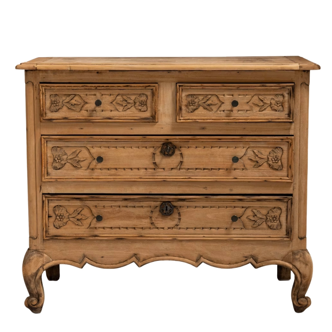 Carved Natural Wood Floral Drawer Chest, Circa 1920