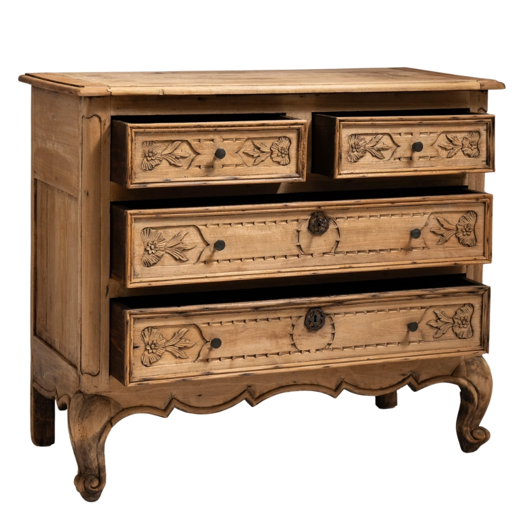 Carved Natural Wood Floral Drawer Chest, Circa 1920