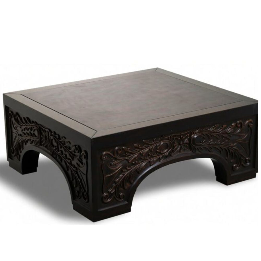 Ornately Carved Leather Top Coffee Table