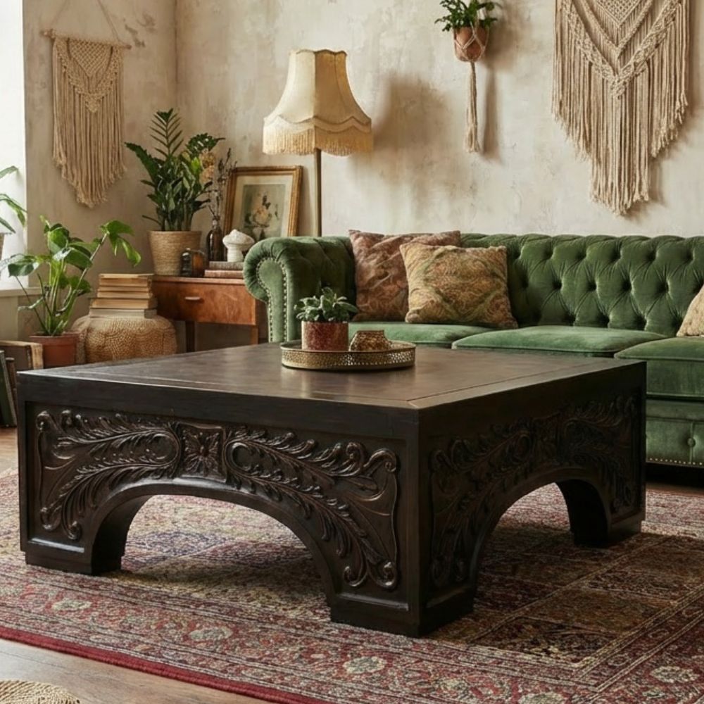 Ornately Carved Leather Top Coffee Table