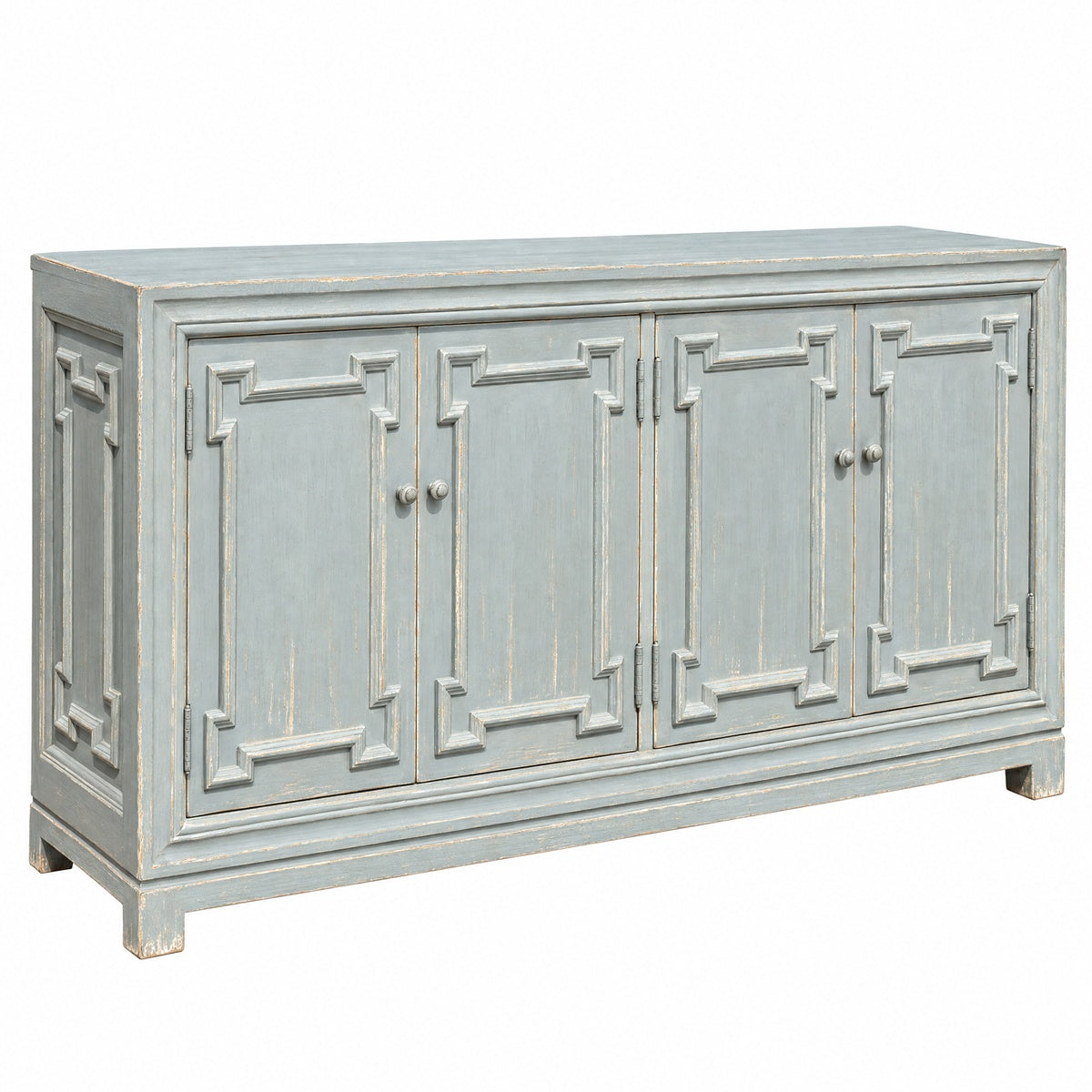 Distressed blue reclaimed pine server with four geometric paneled doors, weathered edges, and a hand-finished rustic surface.