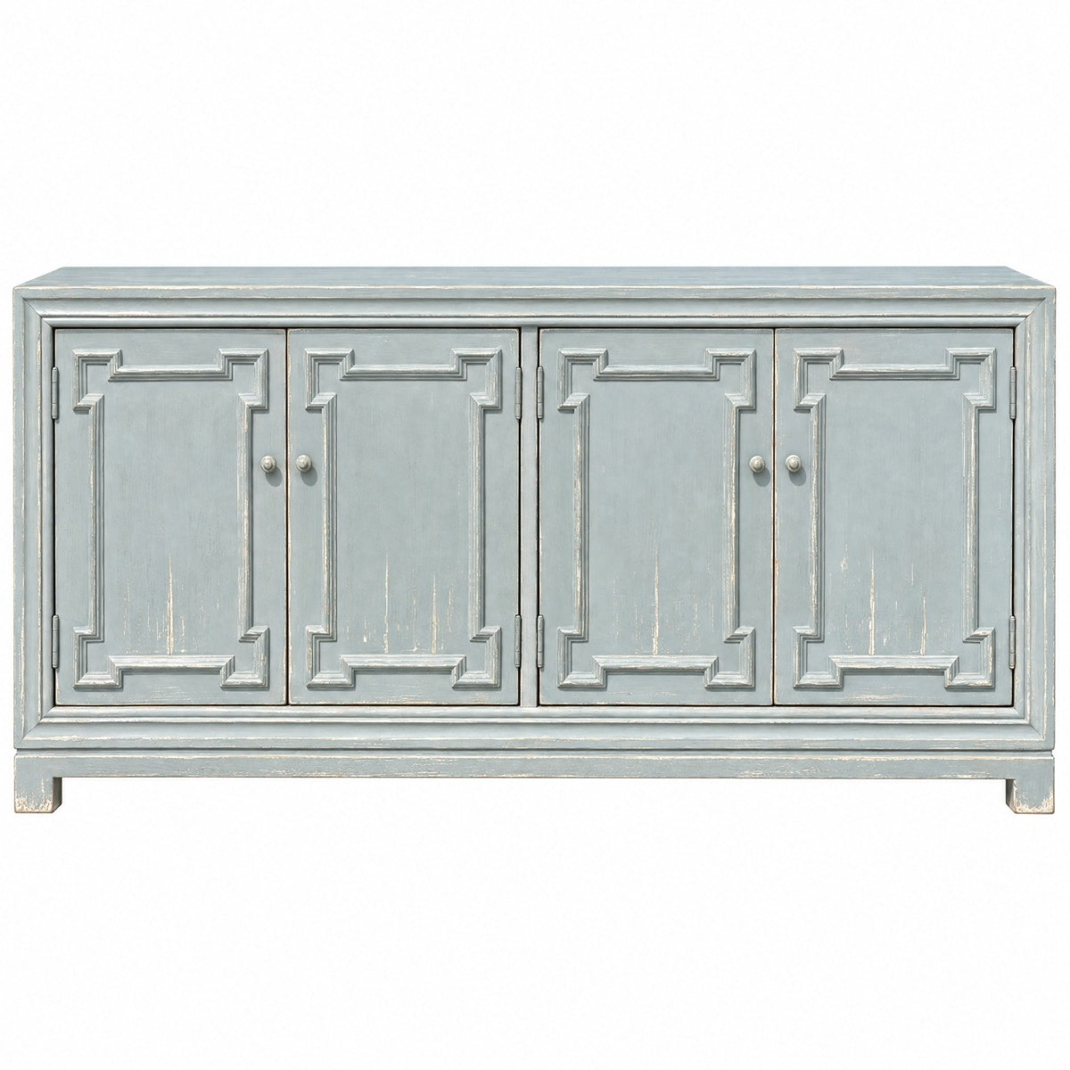 Distressed blue reclaimed pine server with four geometric paneled doors, weathered edges, and a hand-finished rustic surface.
