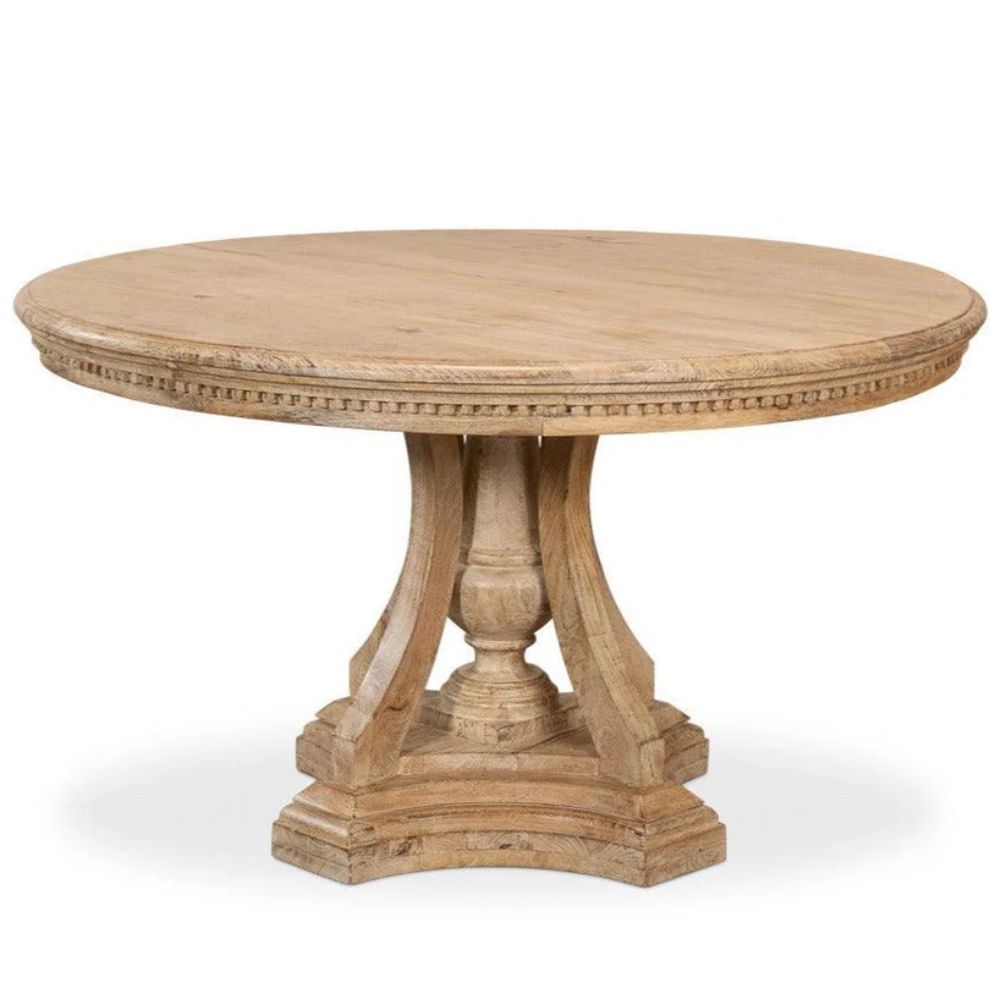 Chantel French Round Pedestal Table with a unique sculputred quatrefoil base and ornate carvings