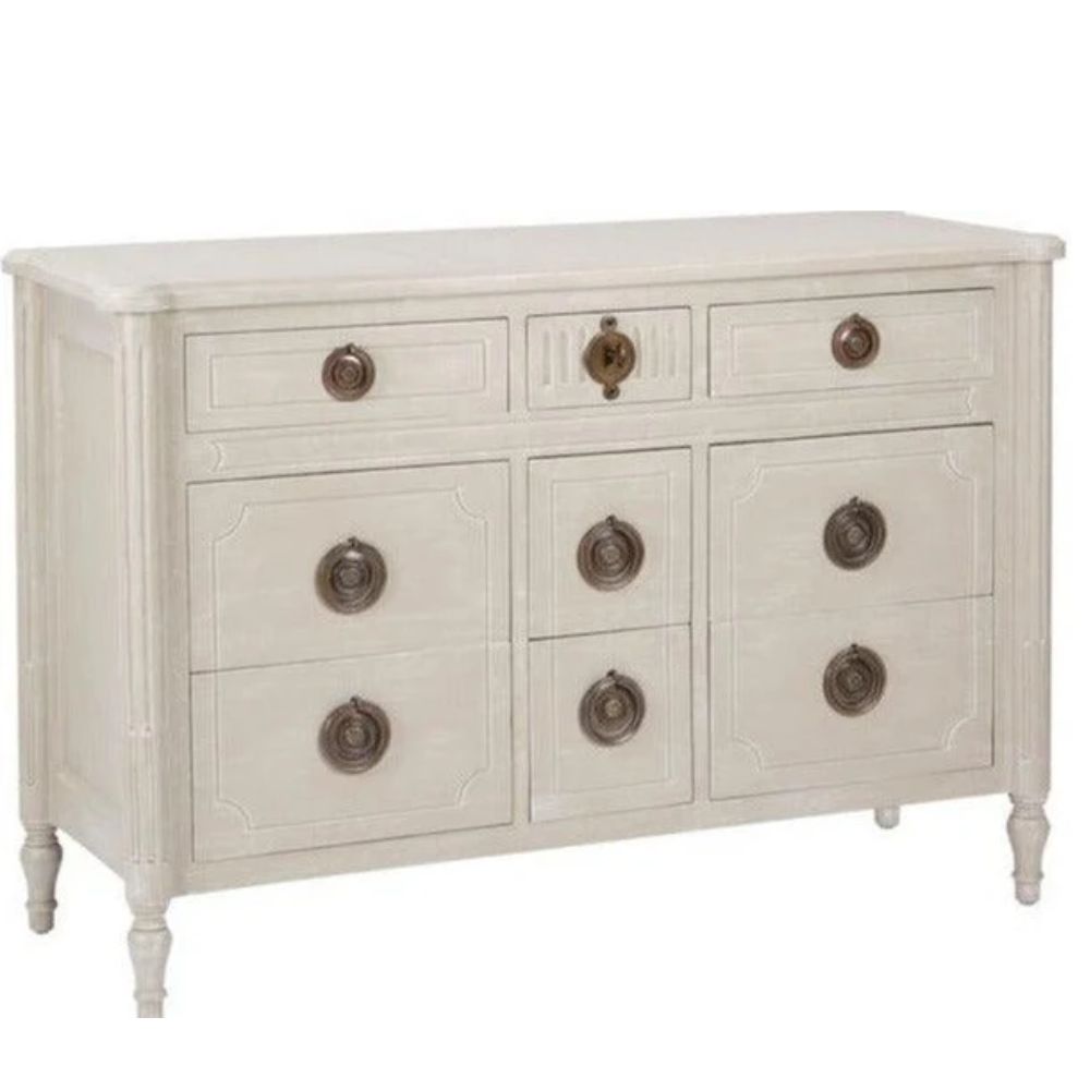 French country style dresser with distressed white finish and vintage brass knobs, perfect for shabby chic or farmhouse decor