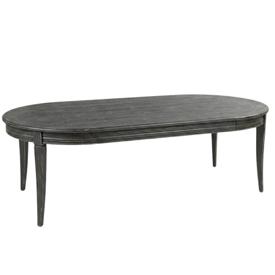 Elegant oval coffee table with distressed black finish, perfect for French country or farmhouse decor