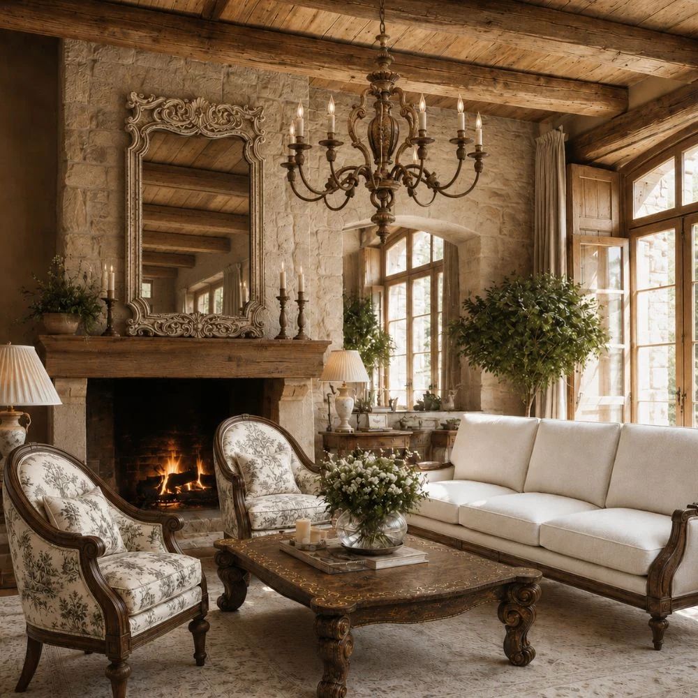 Classic French country living room with wood-framed cream sofa, toile Louis accent chairs, ornate carved coffee table, rustic chandelier, and carved mantel mirror.