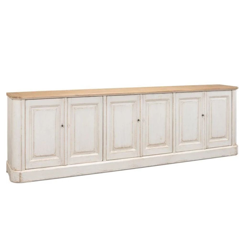 White shabby chic sideboard with natural wood top and six panel doors