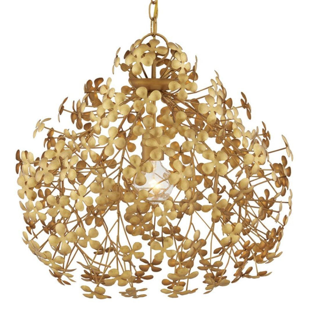 Golden floral chandelier with intricate petal design for shabby chic or farmhouse decor