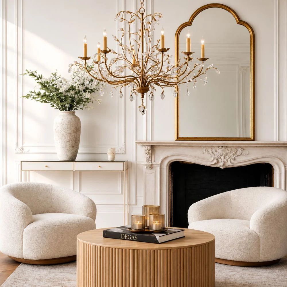Contemporary earthy chic living room with curved boucle chairs, a fluted wood coffee table, gold arched mirror, and crystal leaf chandelier