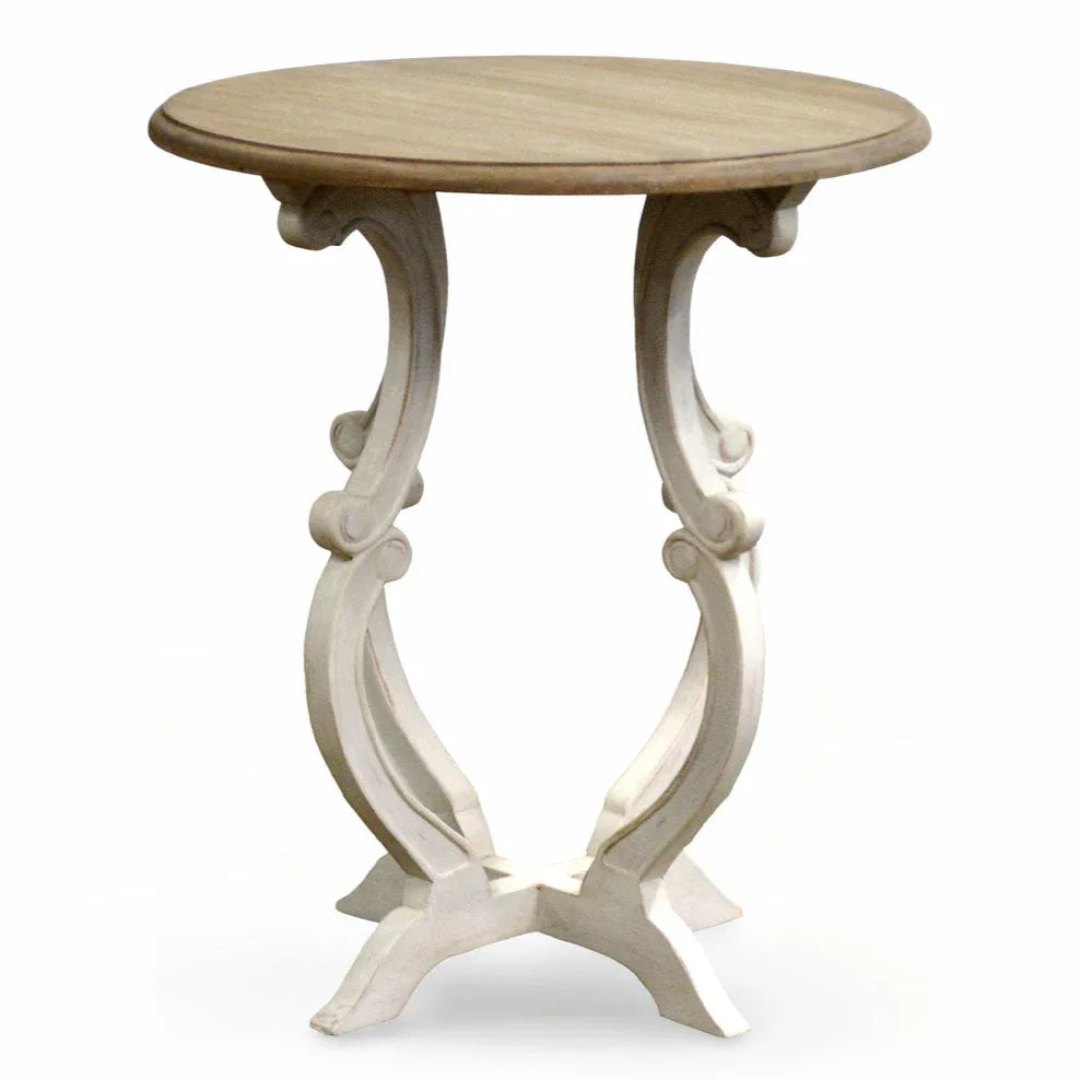 Elegant French country side table with ornate carved legs and distressed white finish, perfect for shabby chic or farmhouse decor.