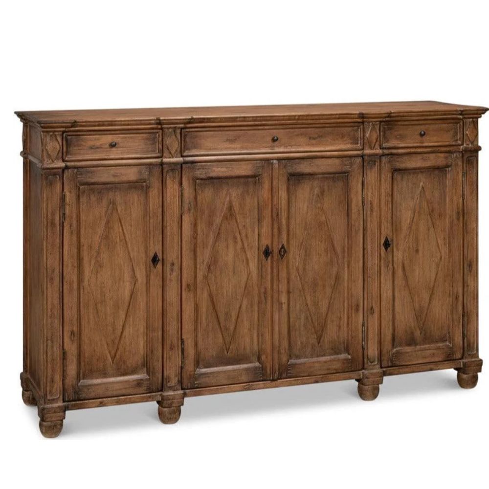 Rustic wooden sideboard with diamond panel doors and drawer storage, ideal for farmhouse or shabby chic decor