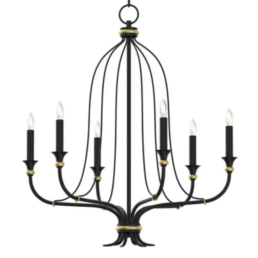 Black wrought iron chandelier with gold accents and candle-style bulbs, perfect for farmhouse or shabby chic decor.