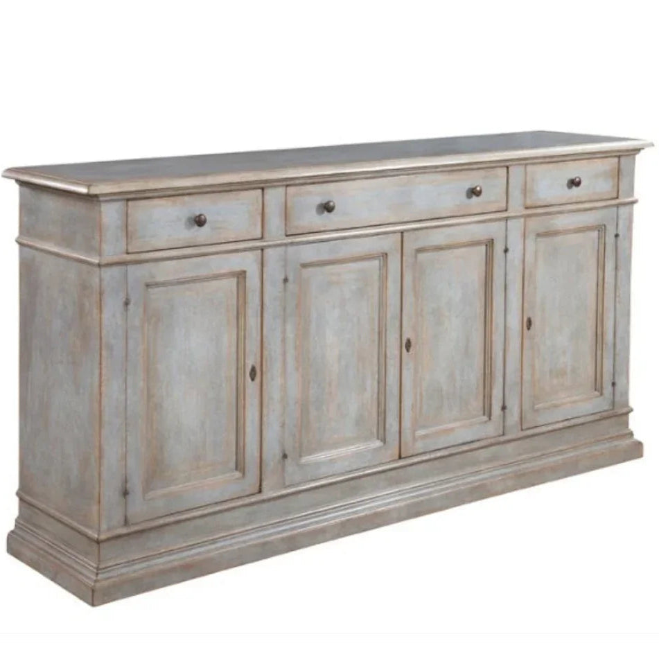 Distressed gray French country sideboard with drawers and cabinets, shabby chic farmhouse style furniture
