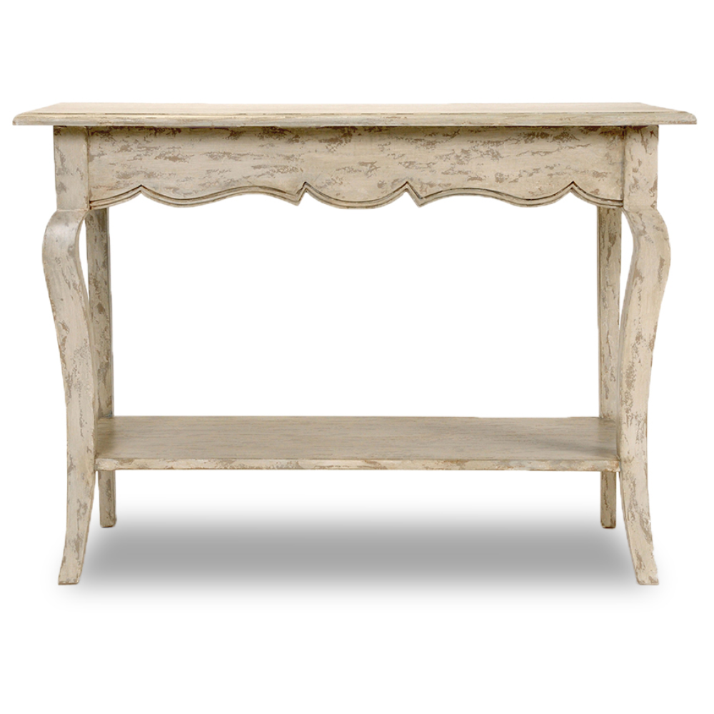 Distressed French country console table with curved legs, a scalloped apron, and a spacious lower shelf.